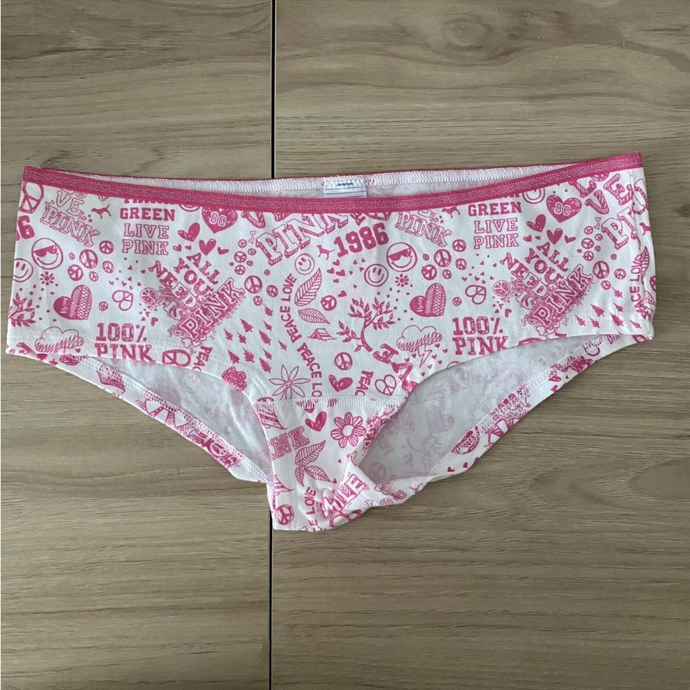NWT Victoria Secret PINK - White Pink Peace Love Graphic Low Rise Hipster - XS